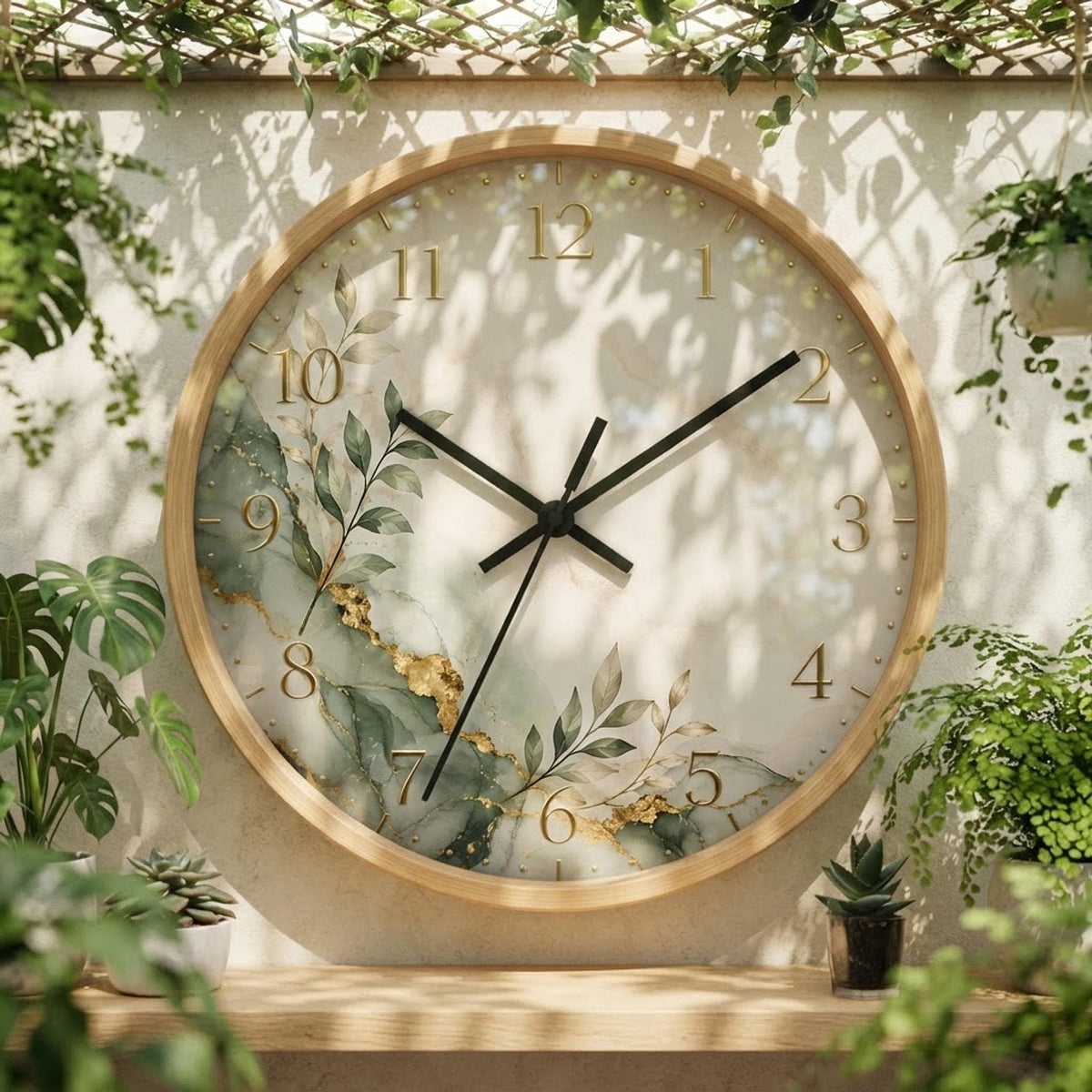 Botanical Marble Wall Clock | Green Gold Leaf Accent