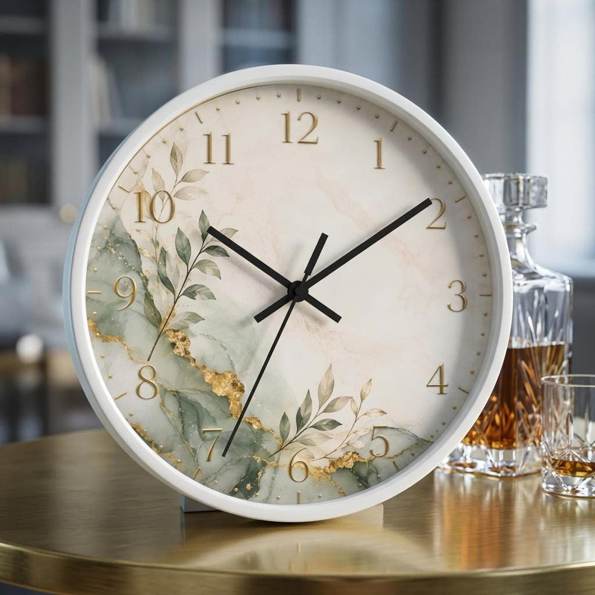 Botanical Marble Wall Clock | Green Gold Leaf Accent