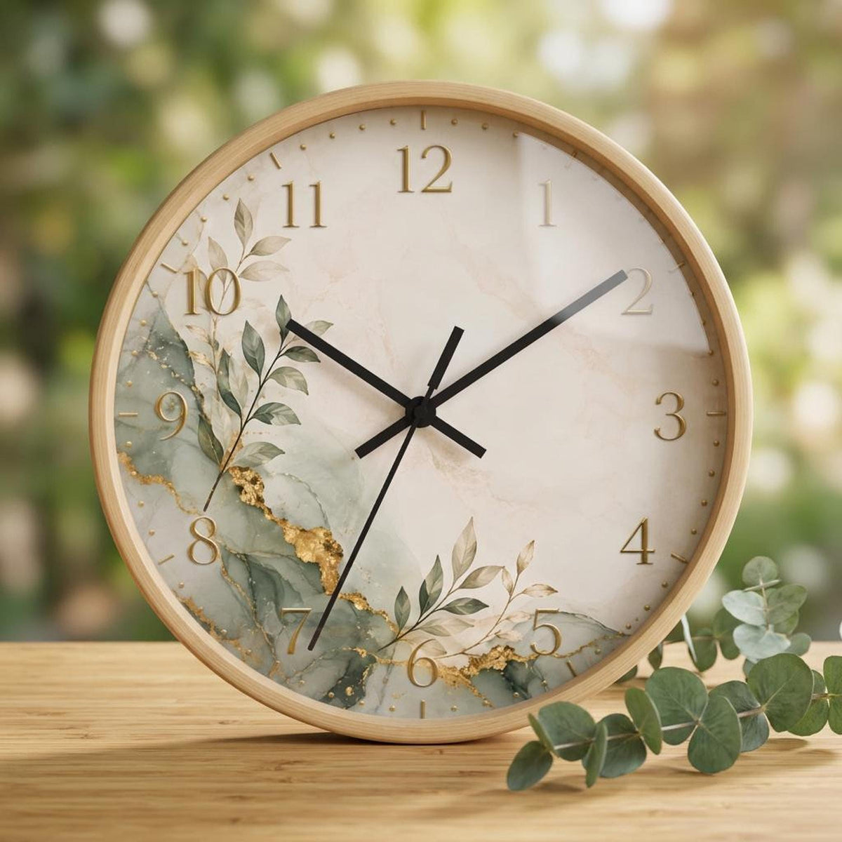 Botanical Marble Wall Clock | Green Gold Leaf Accent