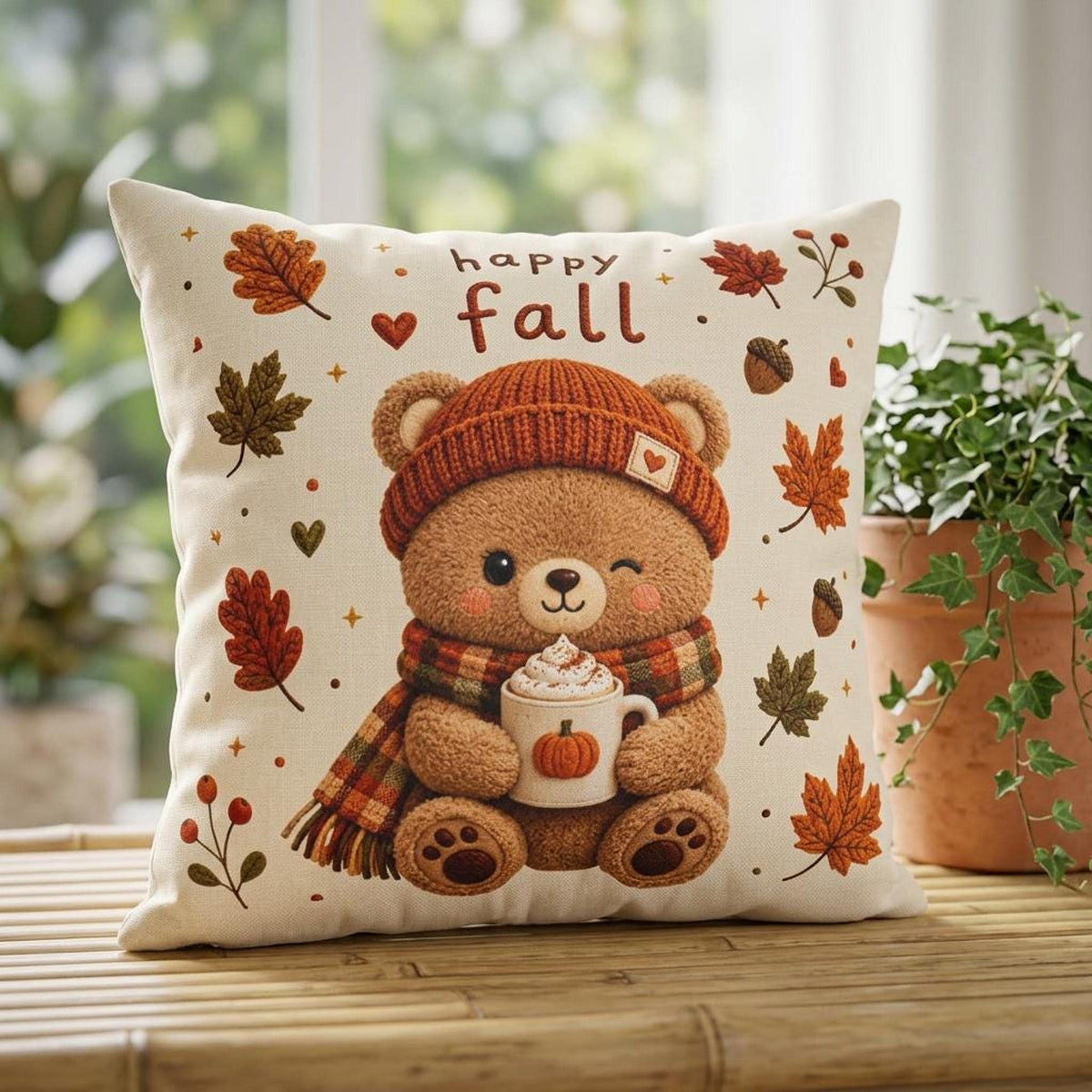 Cozy Sofa Pillow, Faux Suede Pillowcase with Double-Sided Fall Bear Print