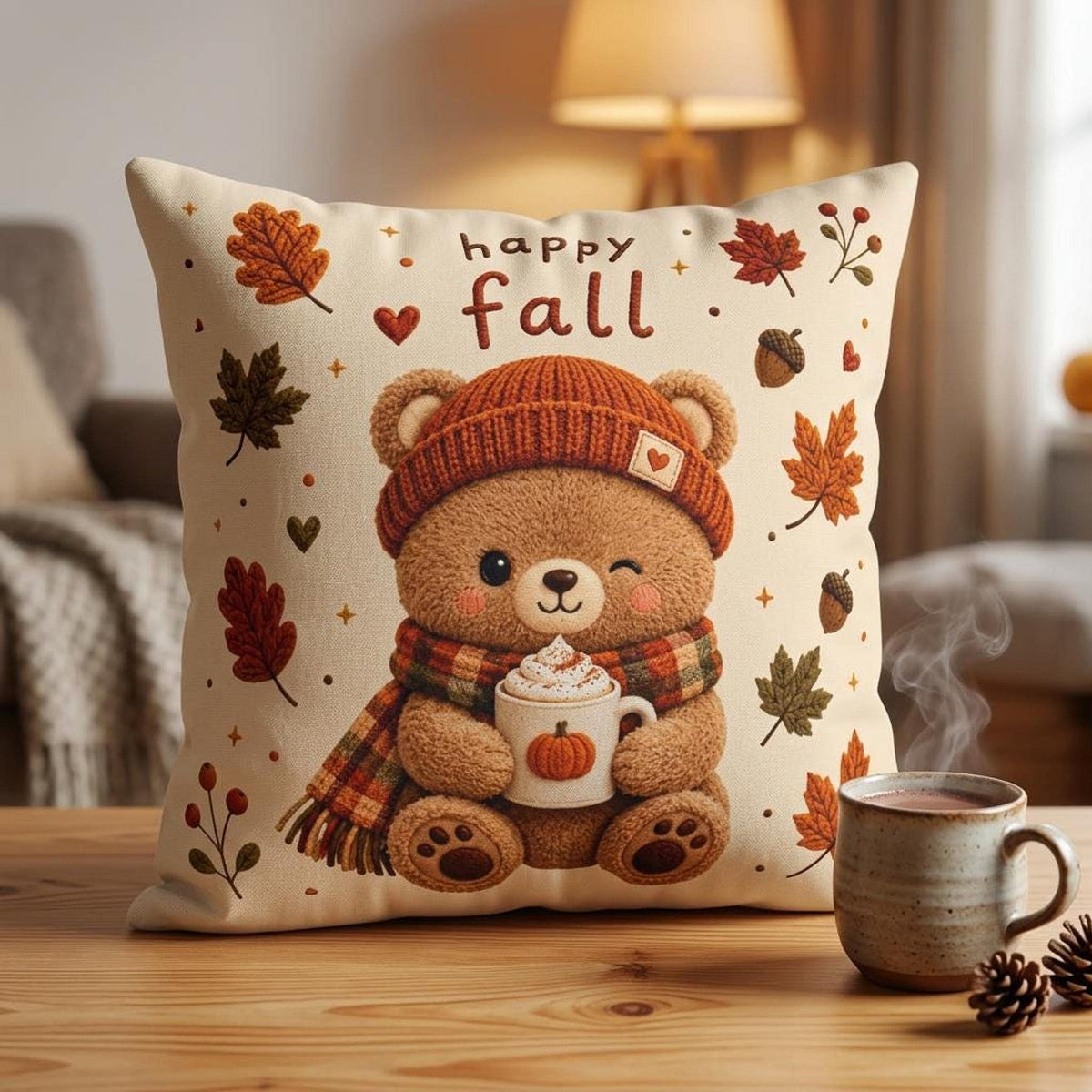Cozy Sofa Pillow, Faux Suede Pillowcase with Double-Sided Fall Bear Print