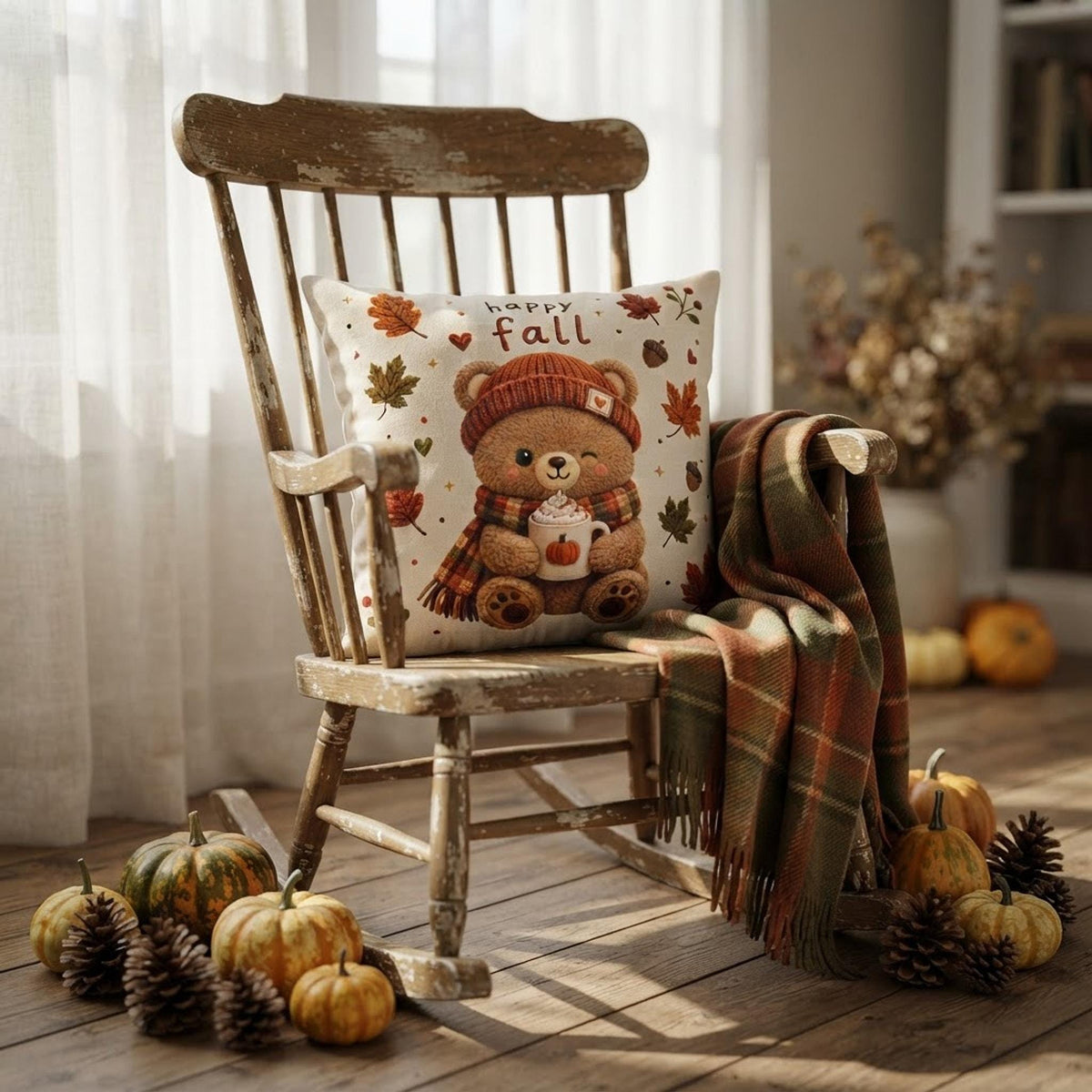 Cozy Sofa Pillow, Faux Suede Pillowcase with Double-Sided Fall Bear Print