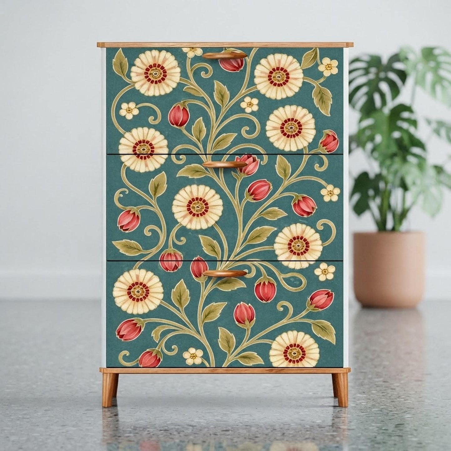 Vintage Shoe Cabinet, Teal Botanical Design with Three Foldable Drawers