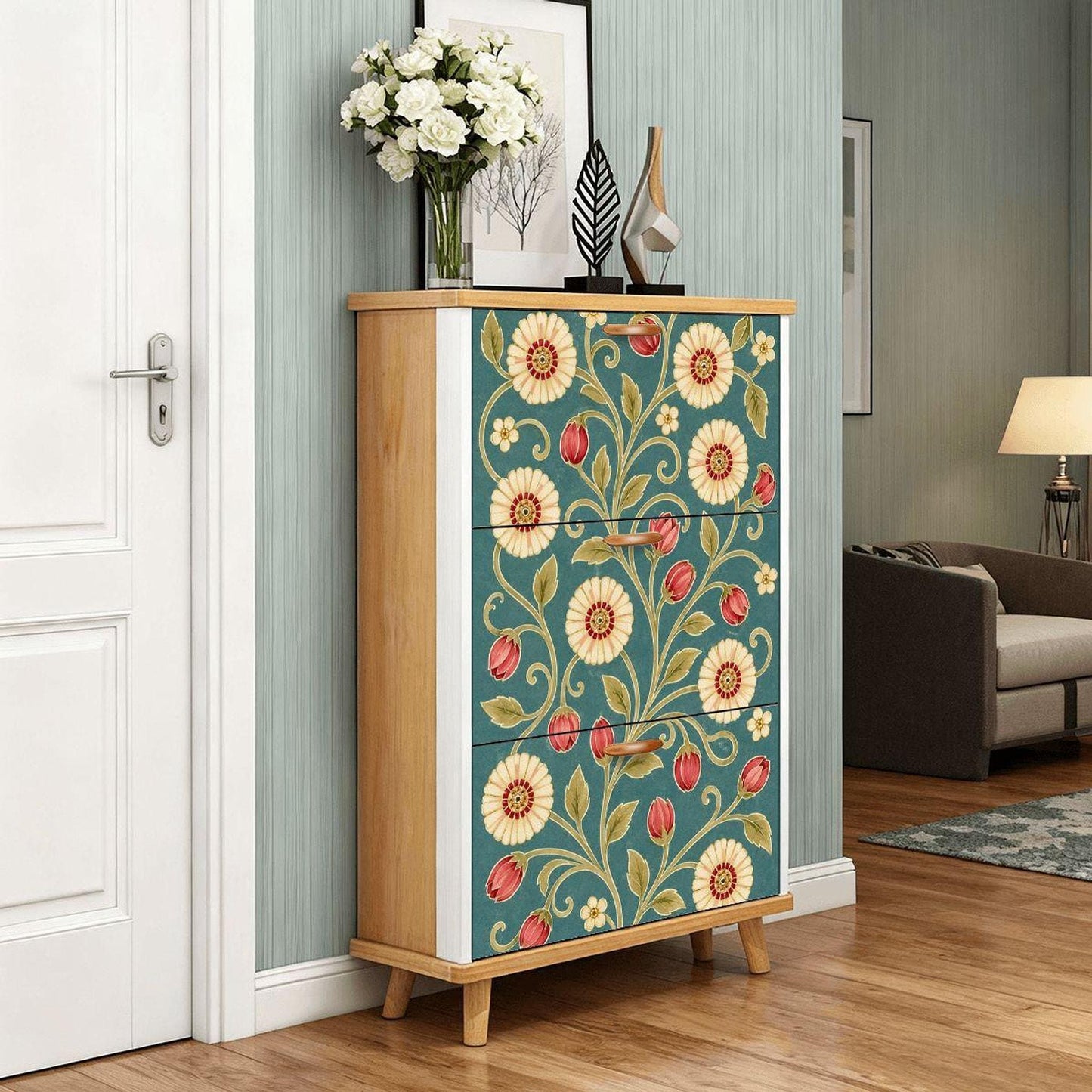 Vintage Shoe Cabinet, Teal Botanical Design with Three Foldable Drawers
