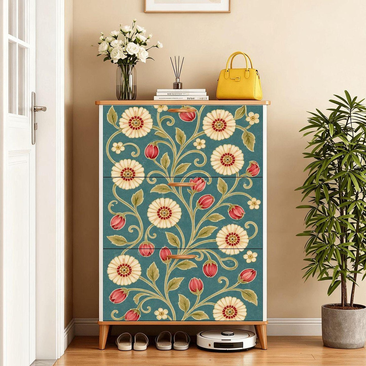Vintage Shoe Cabinet, Teal Botanical Design with Three Foldable Drawers