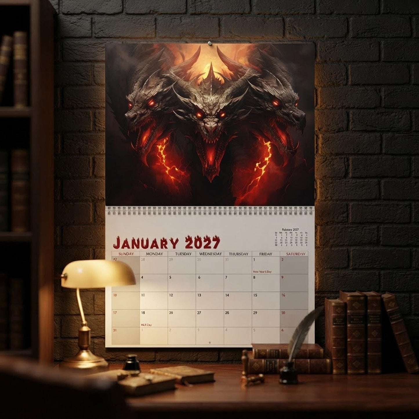 Fire Dragon Wall Calendar 2027, Writable Matte Grid, Wire Coil Fantasy Art