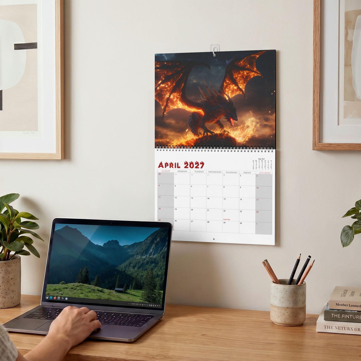 Fire Dragon Wall Calendar 2027, Writable Matte Grid, Wire Coil Fantasy Art
