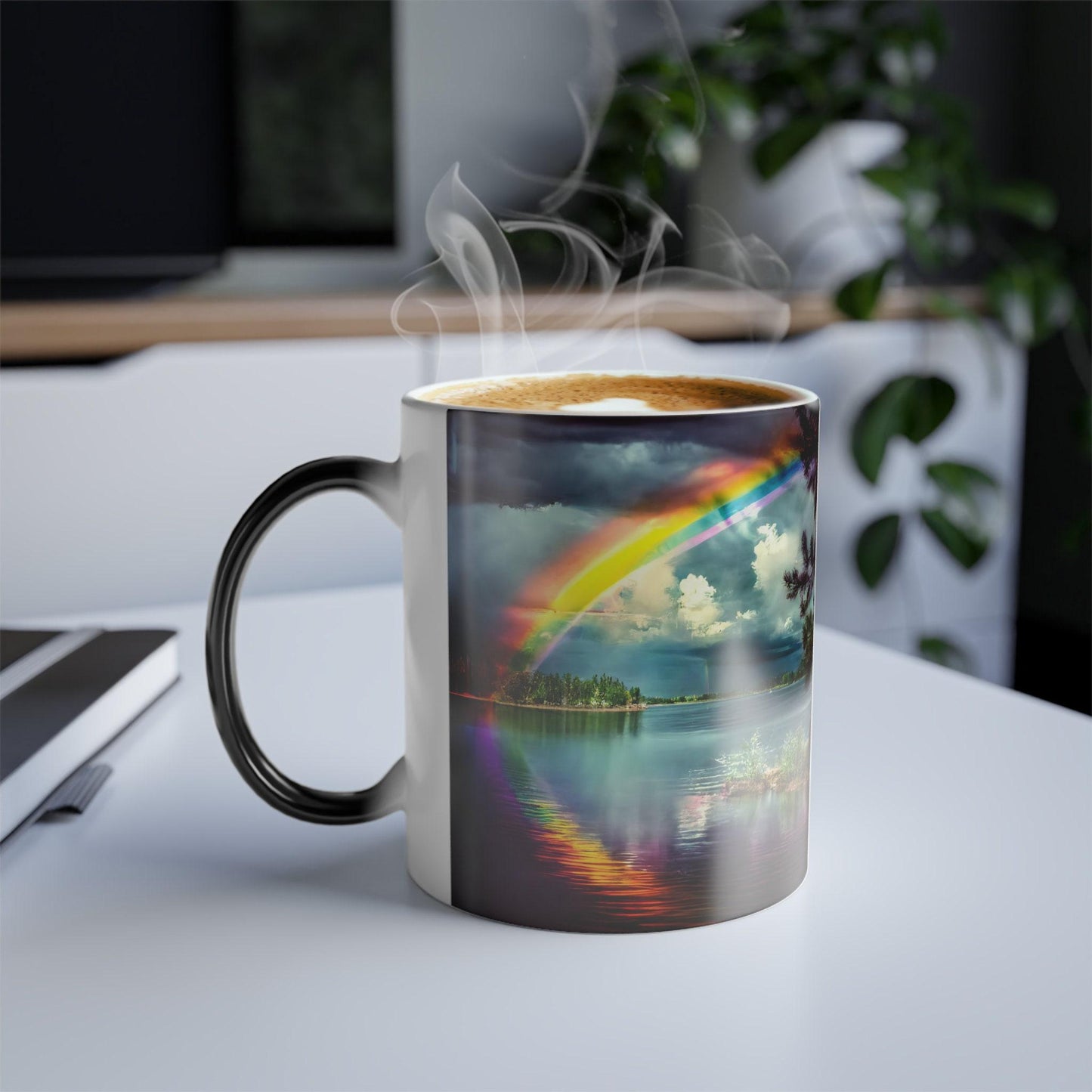 Conversation Novelty Mug, 11 Oz Heat-Reactive Ceramic, Color-Changing Rainbow Lake Scene