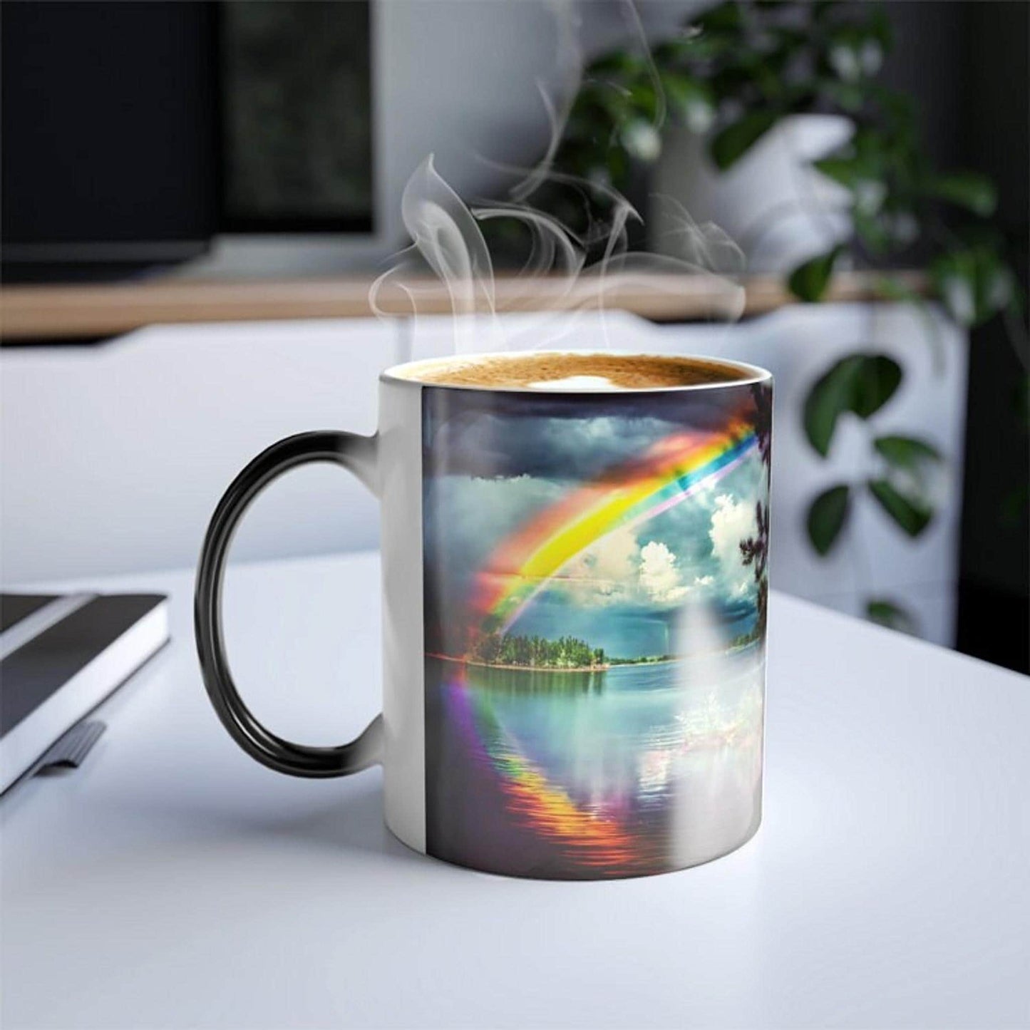 Conversation Novelty Mug, 11 Oz Heat-Reactive Ceramic, Color-Changing Rainbow Lake Scene