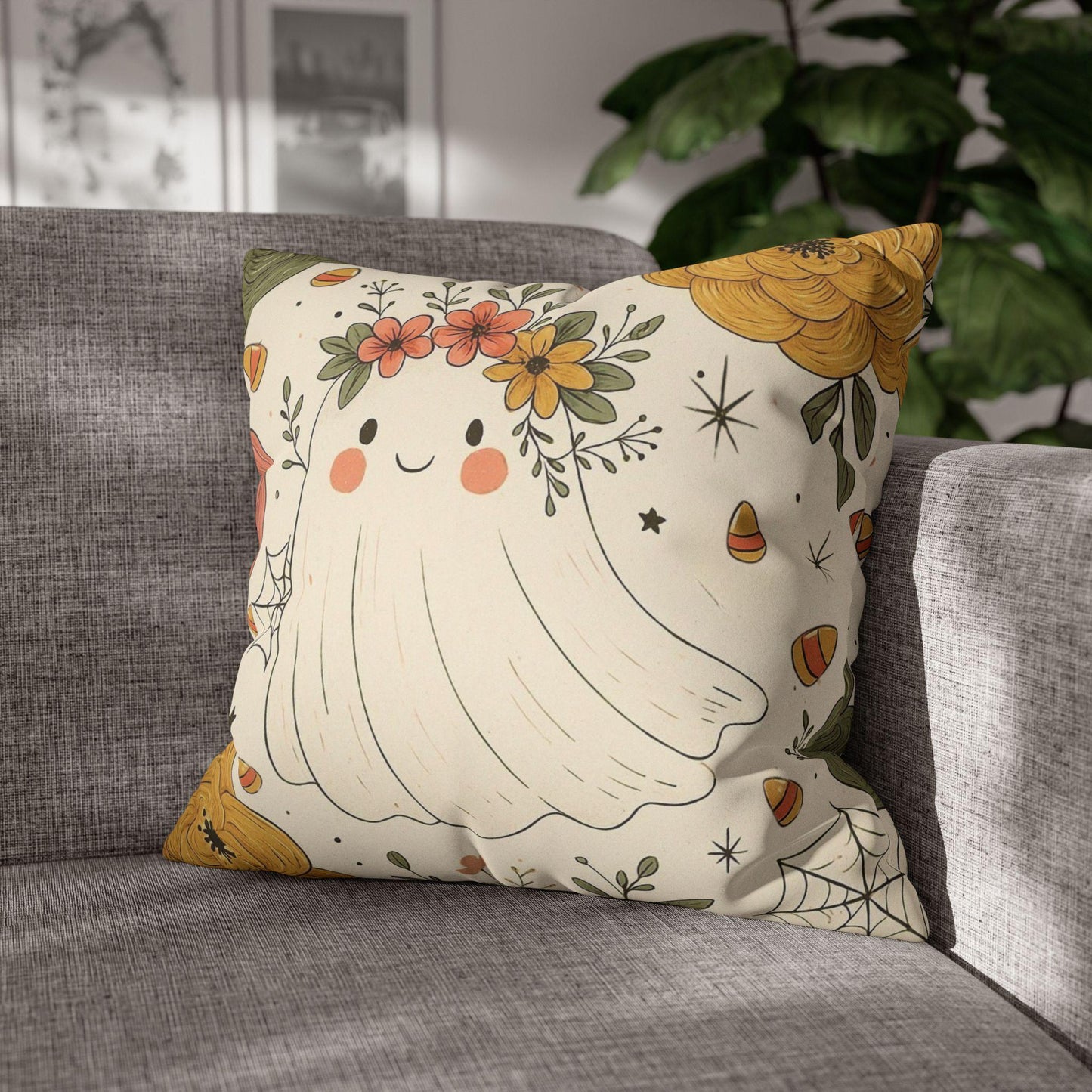 Ghost Halloween Pillowcase: Faux Suede Square Throw Pillow for Cozy Fall Home Decor