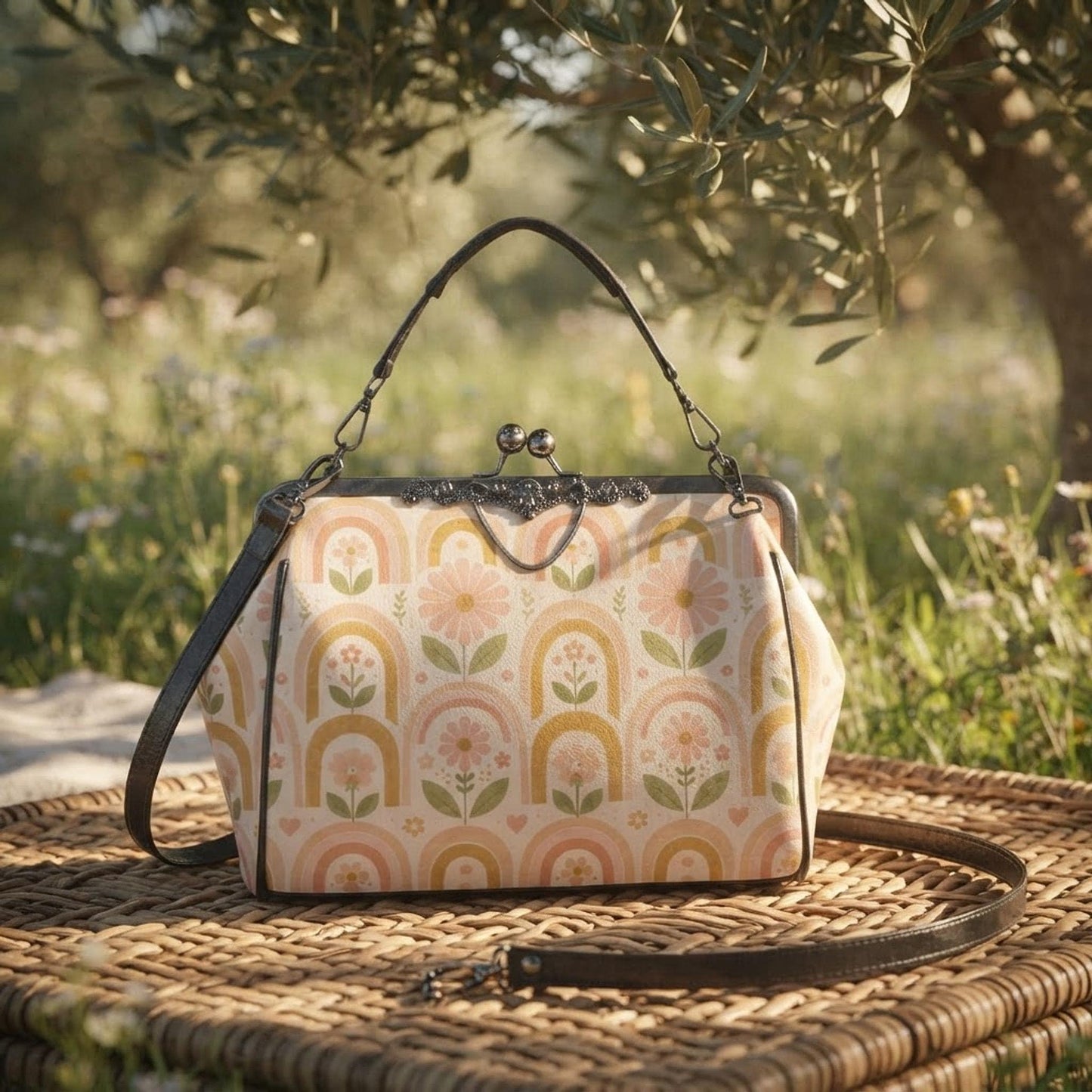 Kisslock Crossbody, Waxed PU Leather Pastel Rainbow Purse with Removable Strap