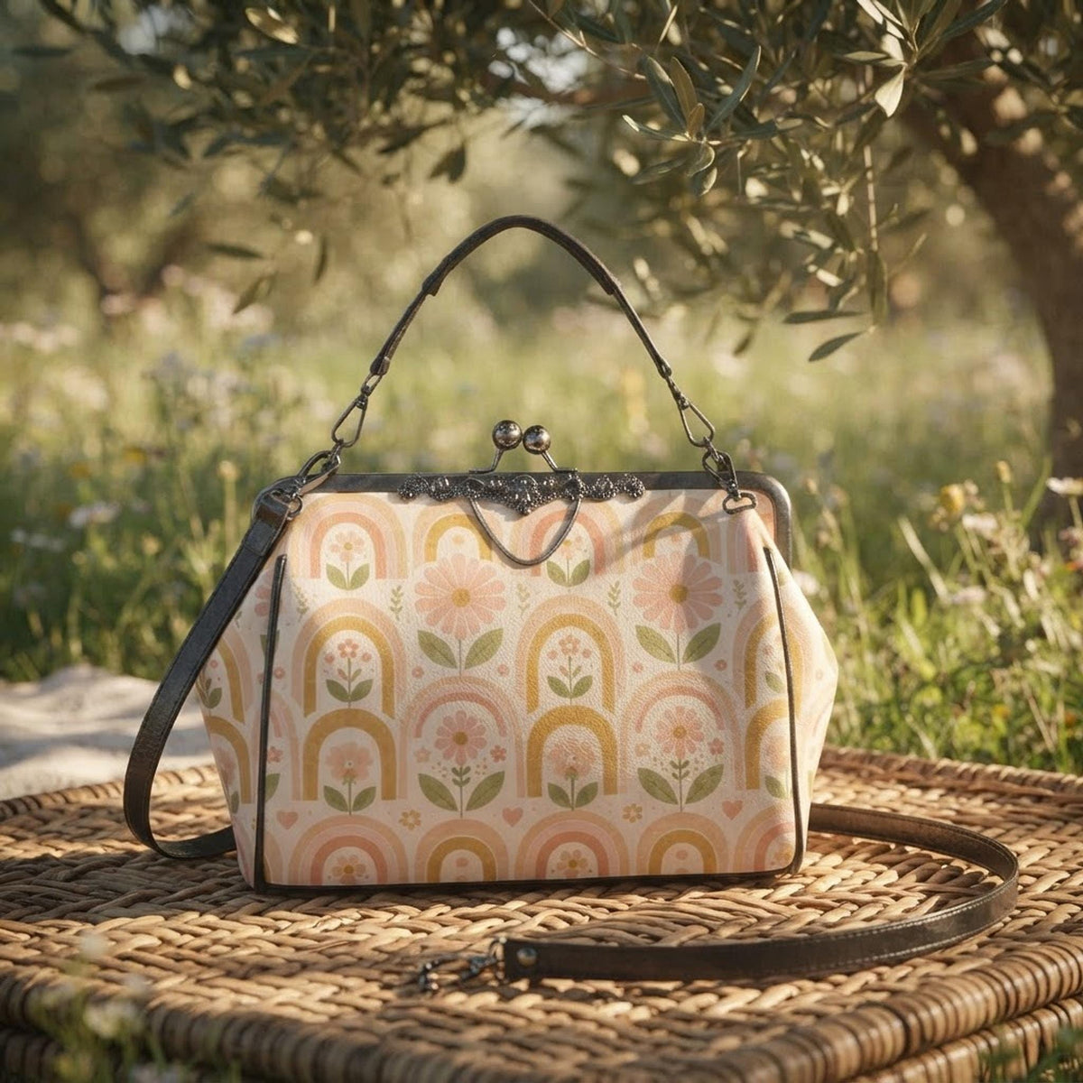 Kisslock Crossbody, Waxed PU Leather Pastel Rainbow Purse with Removable Strap