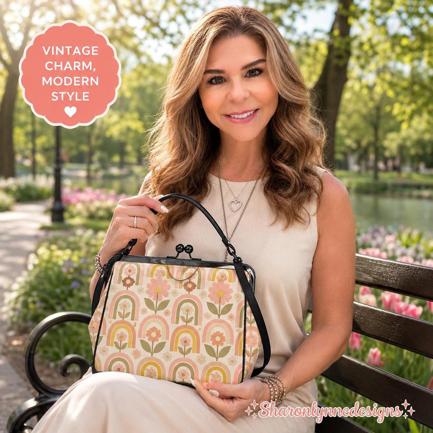 Kisslock Crossbody, Waxed PU Leather Pastel Rainbow Purse with Removable Strap