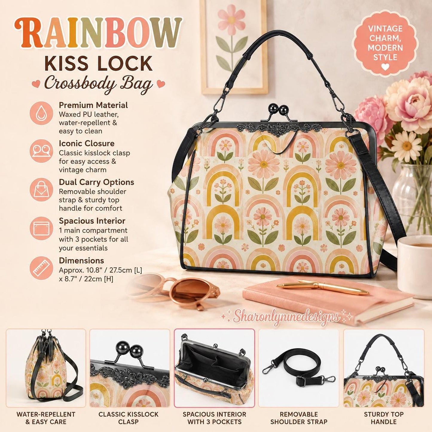 Kisslock Crossbody, Waxed PU Leather Pastel Rainbow Purse with Removable Strap