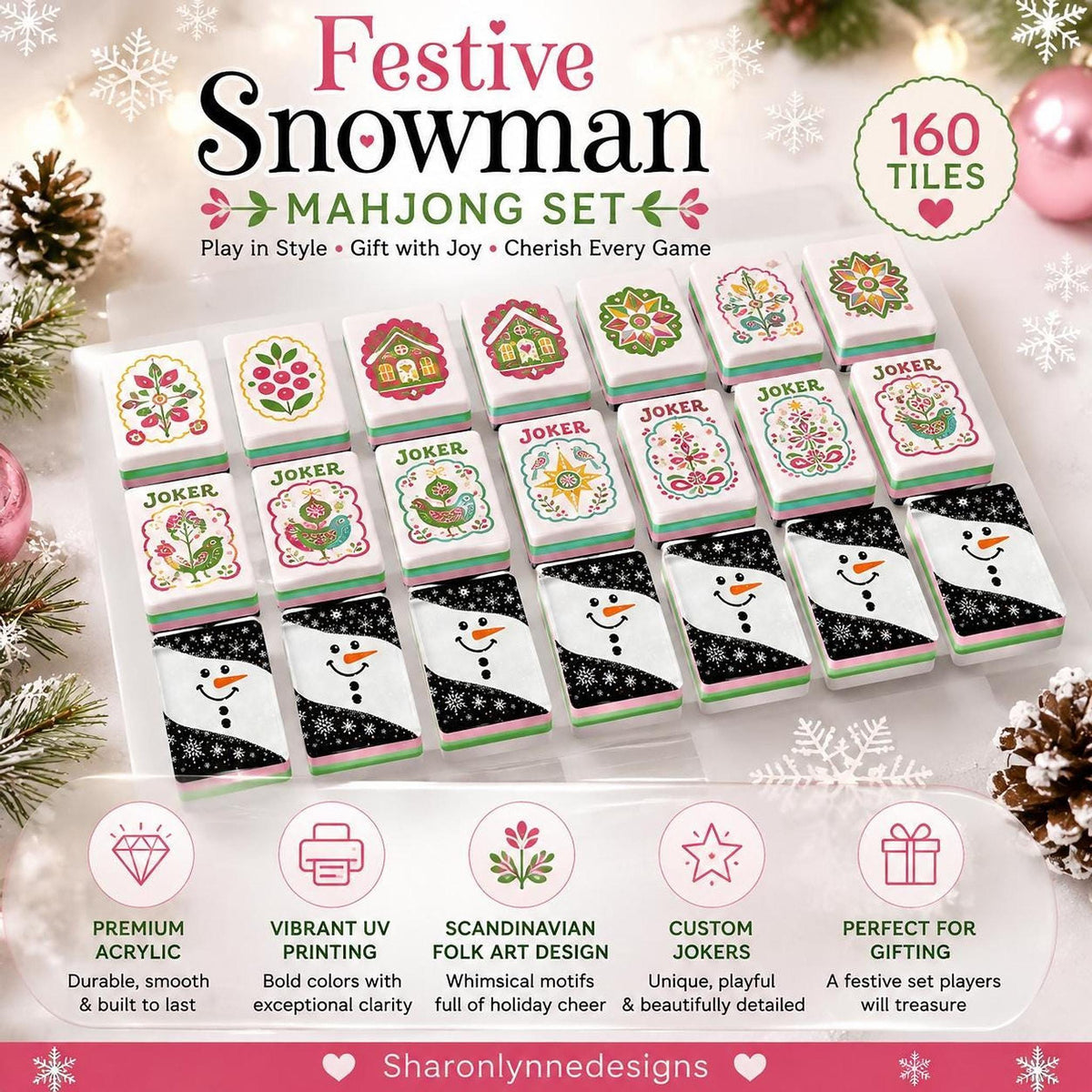 American Mahjong Set, 160 Acrylic Tiles with Custom Illustrated Snowman Jokers