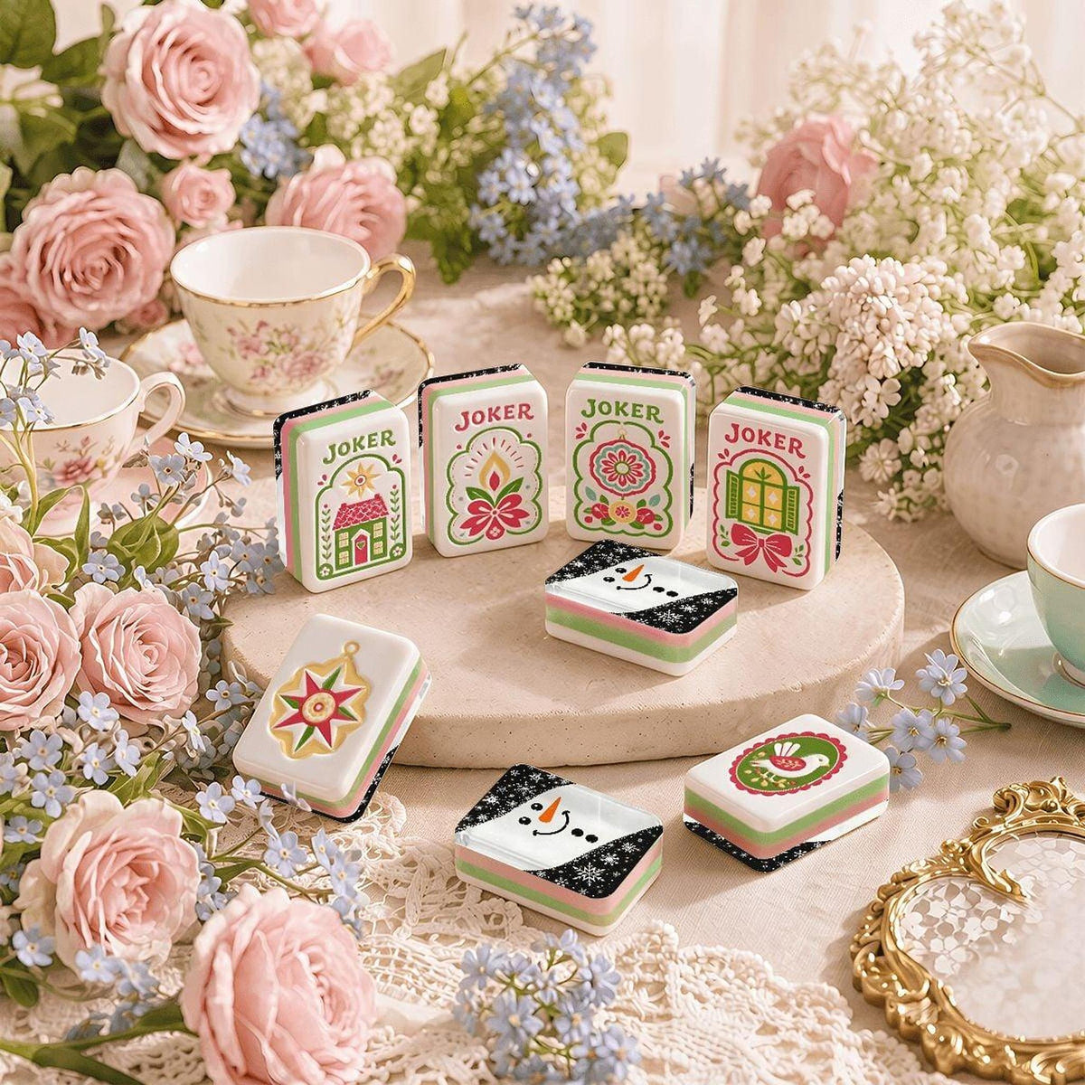 American Mahjong Set, 160 Acrylic Tiles with Custom Illustrated Snowman Jokers