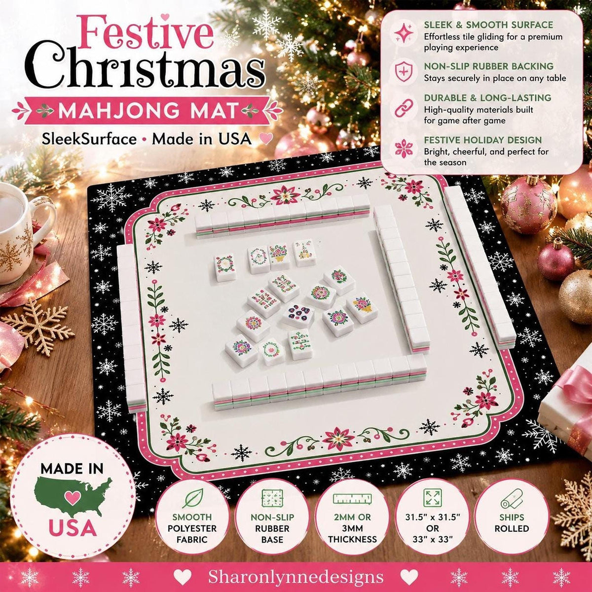 Mahjong Game Mat, Festive Christmas Design with Polyester Fabric, Non-Slip Rubber Backing