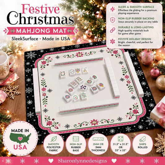 Mahjong Game Mat, Festive Christmas Design with Polyester Fabric, Non-Slip Rubber Backing