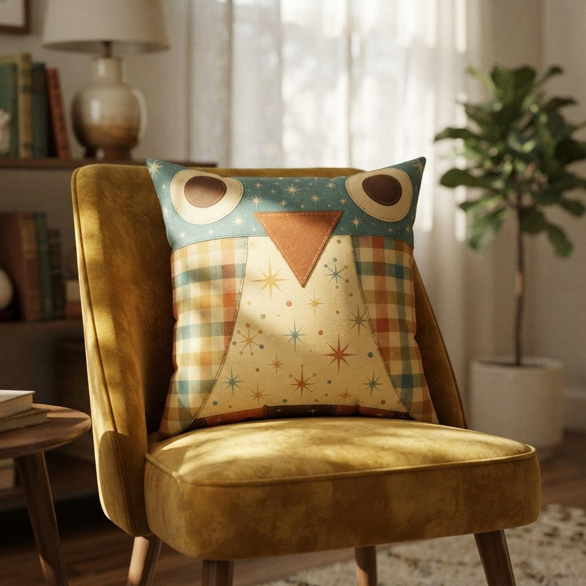 Owl Pillow Case, Faux Suede Square Cover with Vintage Plaid Design