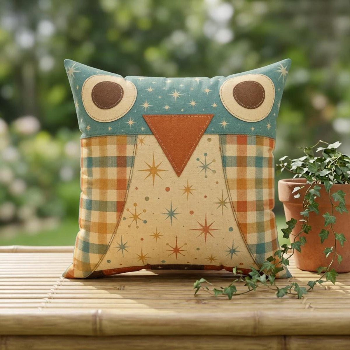 Owl Pillow Case, Faux Suede Square Cover with Vintage Plaid Design
