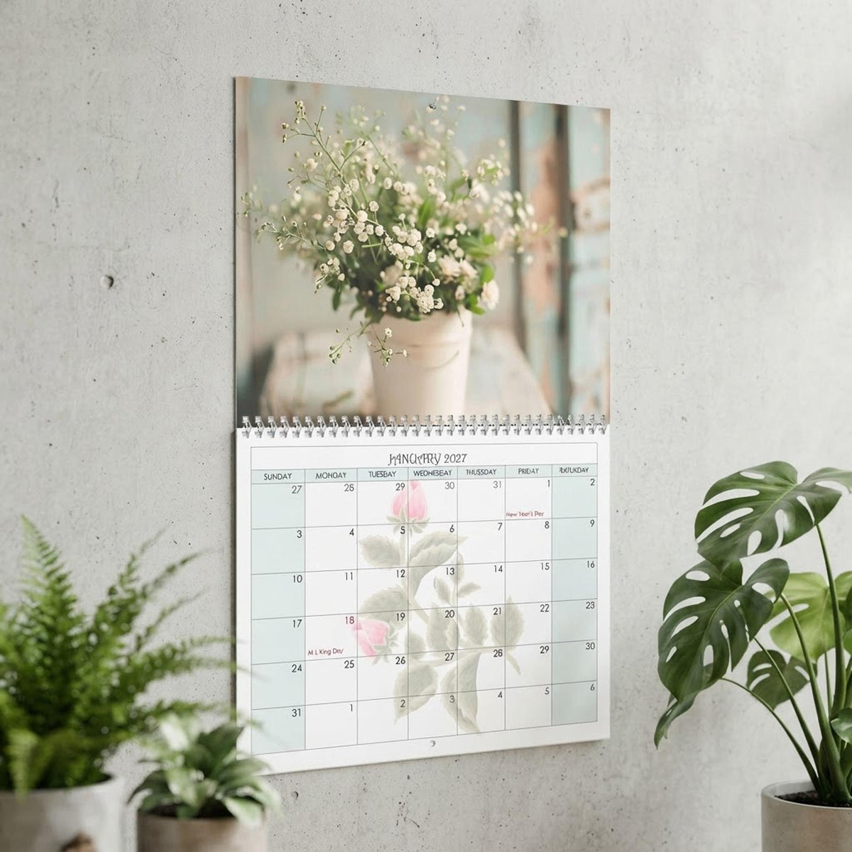 2027 Floral Bird Wall Calendar, Wire Binding, Matte Writable Monthly Grid