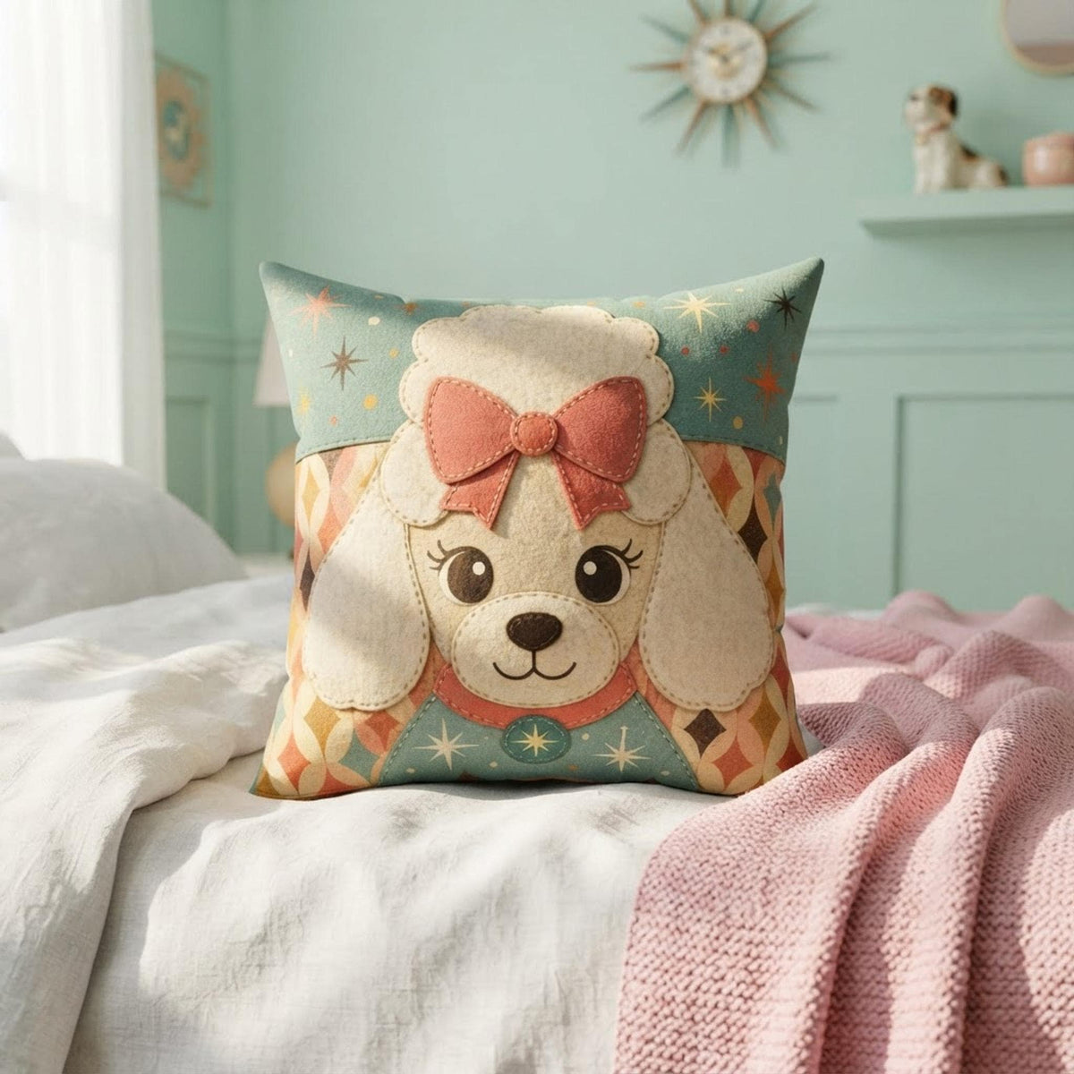 Dog Face Pillow, Faux Suede Double-Sided Square Poodle Design With Recycled Polyester Insert