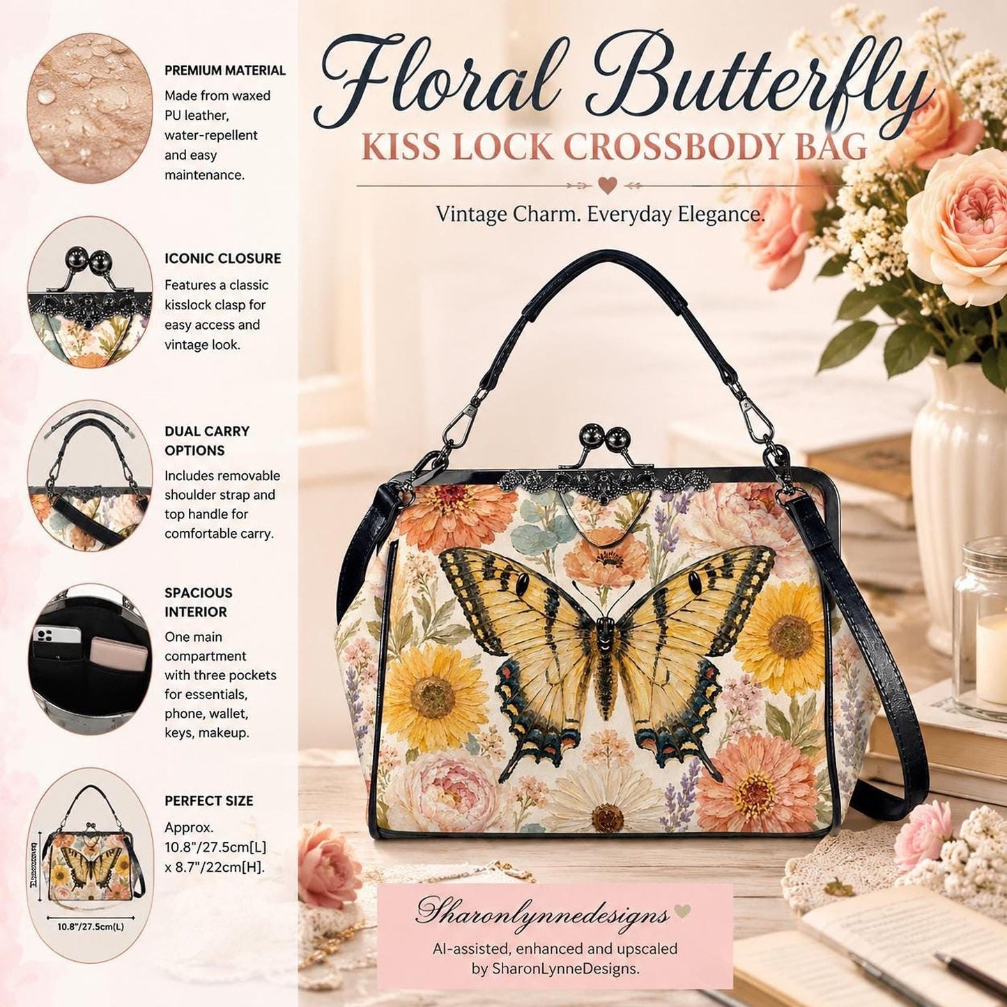 Floral Crossbody Bag, Water-Repellent Waxed PU Leather, Kiss Lock
