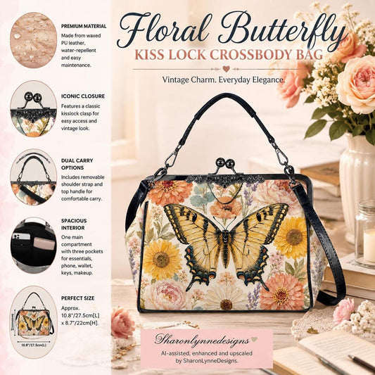 Floral Crossbody Bag, Water-Repellent Waxed PU Leather, Kiss Lock