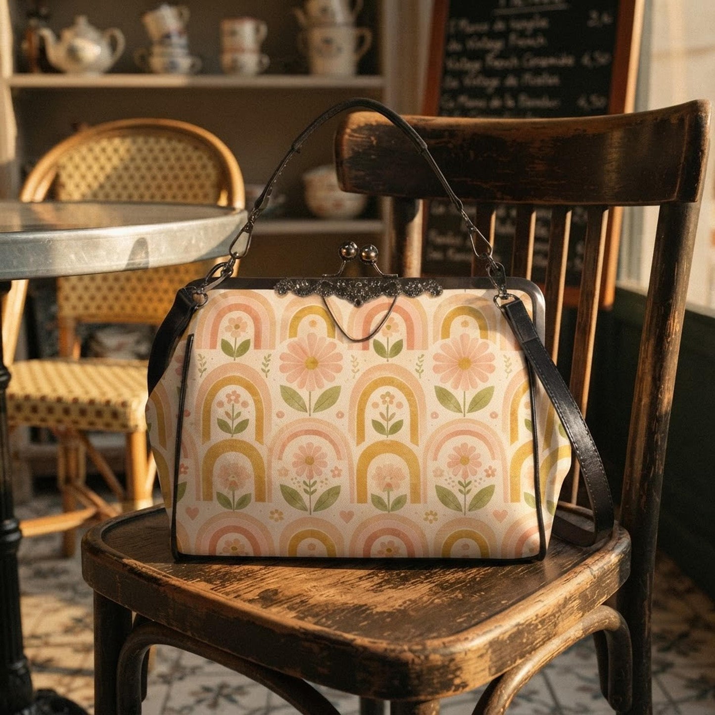Kisslock Crossbody, Waxed PU Leather Pastel Rainbow Purse with Removable Strap