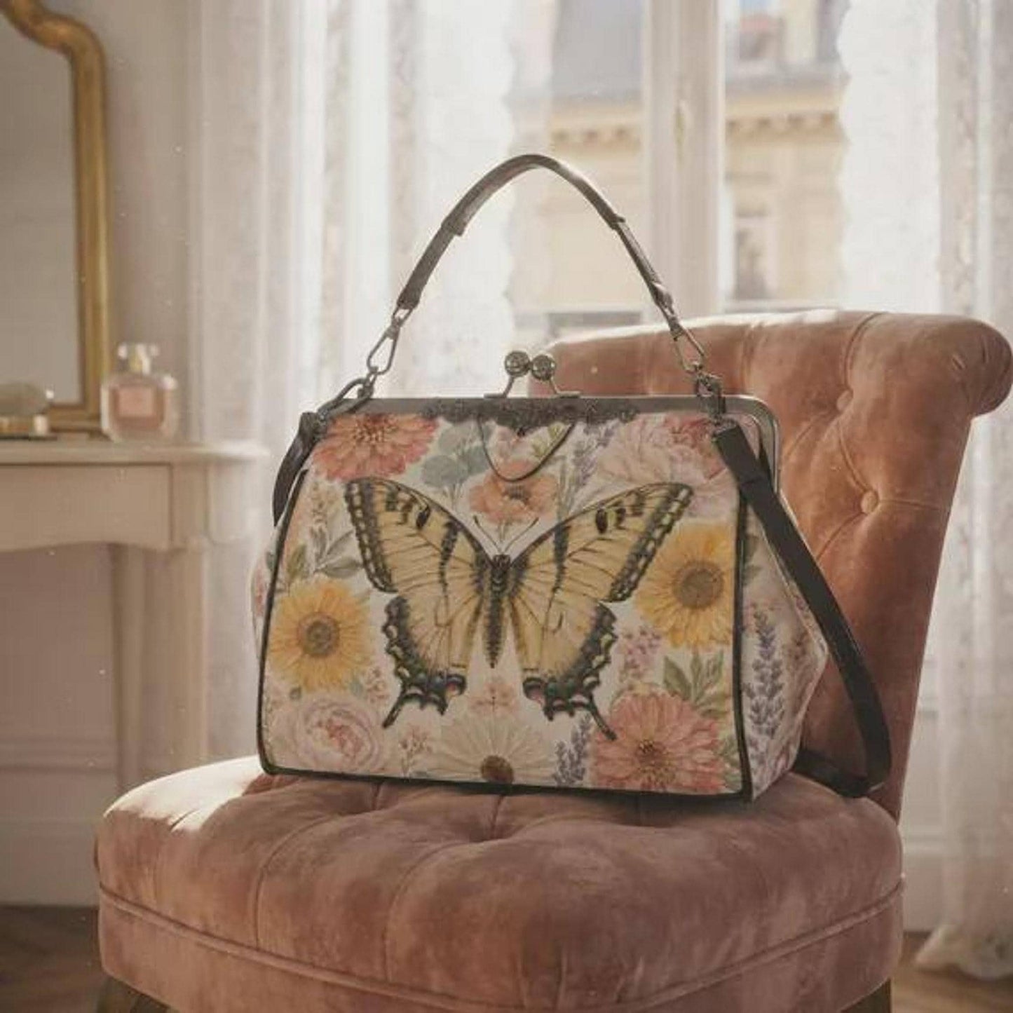 Floral Crossbody Bag, Water-Repellent Waxed PU Leather, Kiss Lock