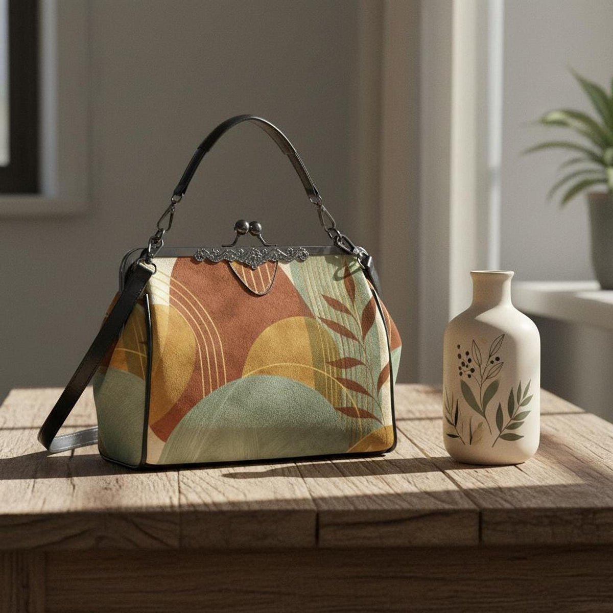 Autumn Crossbody Bag with Vintage Kisslock Closure and Abstract Design