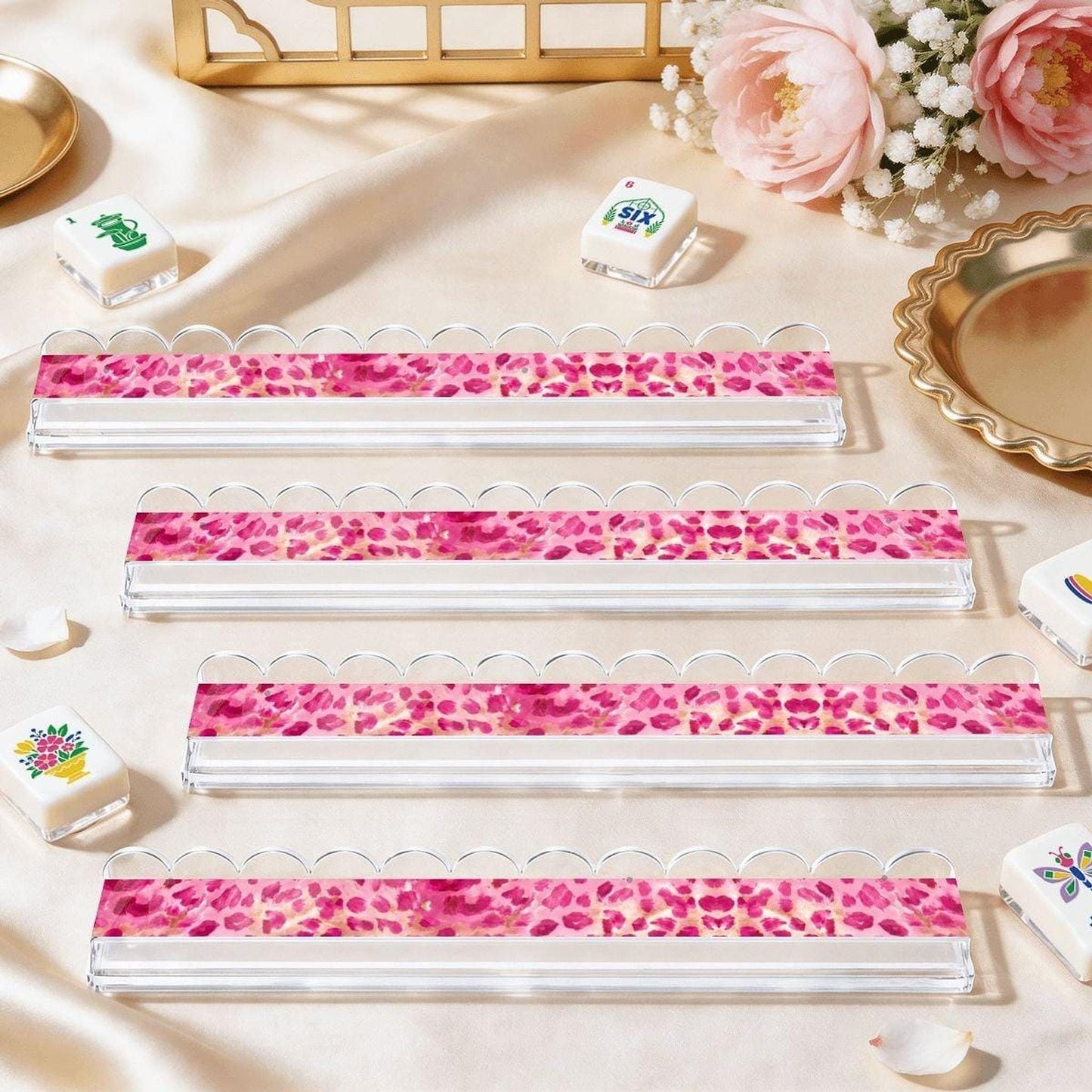 Pink Cheetah Mahjong Rack Set of 4, Extended Acrylic Magnetic Pushers
