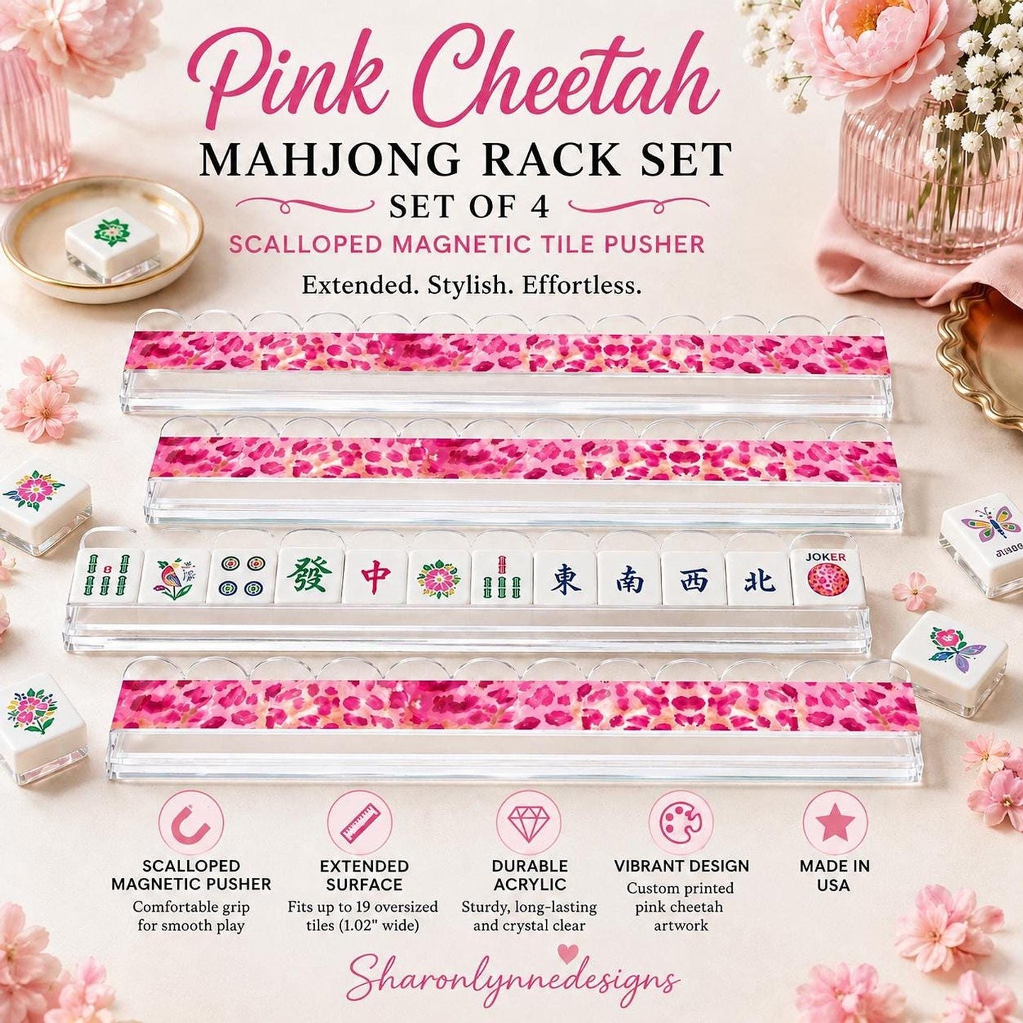 Pink Cheetah Mahjong Rack Set of 4, Extended Acrylic Magnetic Pushers