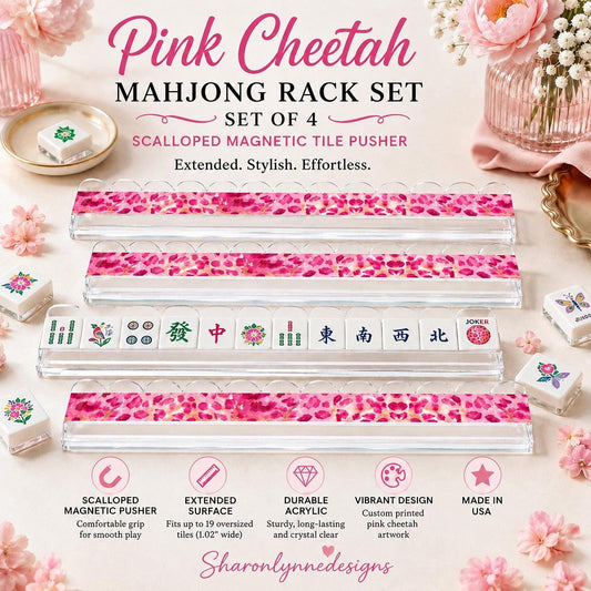 Pink Cheetah Mahjong Rack Set of 4, Extended Acrylic Magnetic Pushers