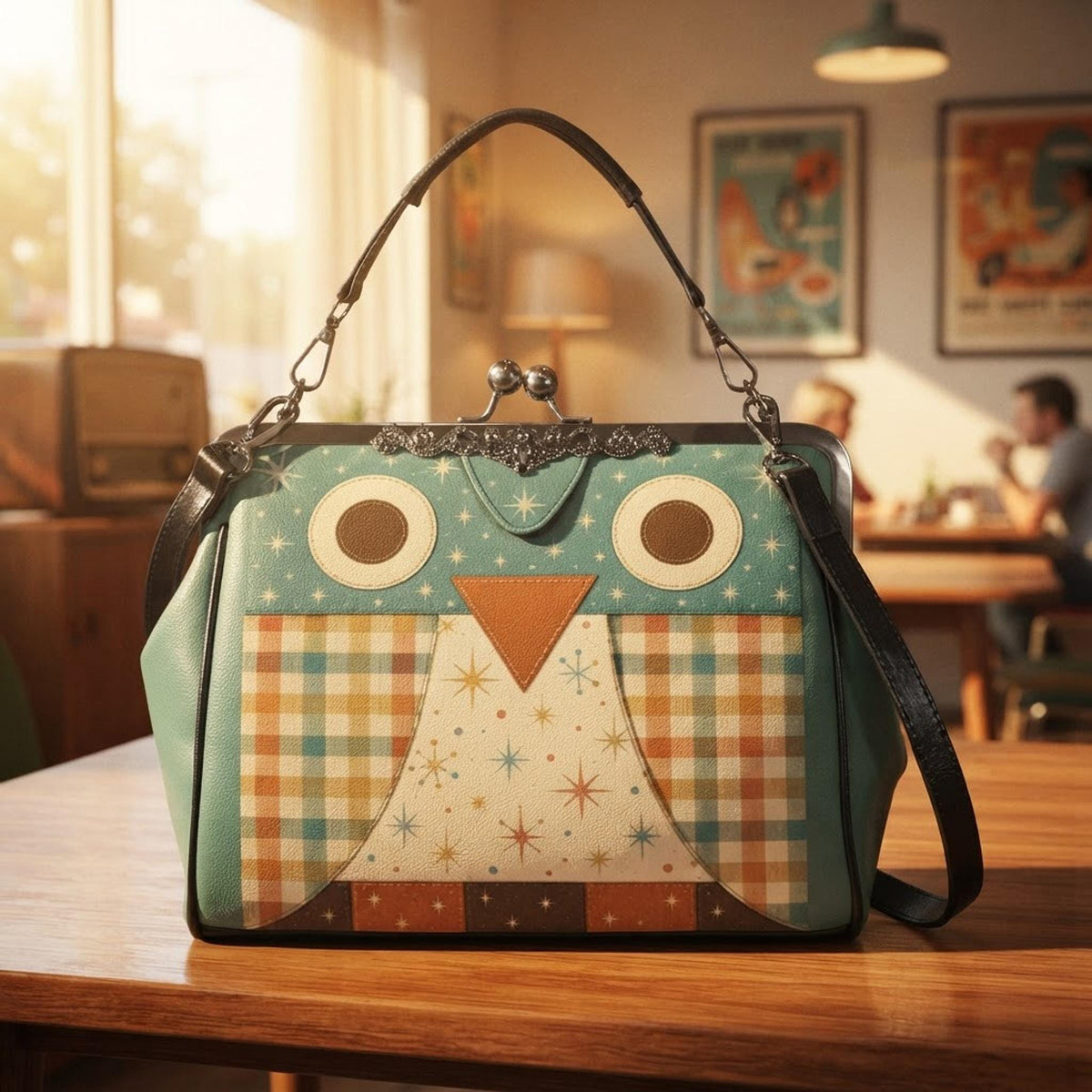 Retro Owl Purse, Waxed PU Leather Kisslock Crossbody with Removable Shoulder Strap