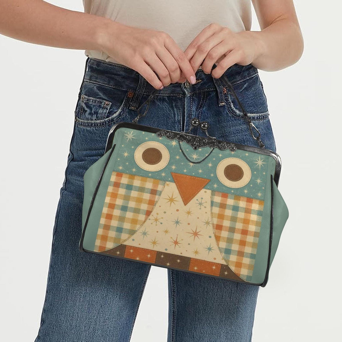 Retro Owl Purse, Waxed PU Leather Kisslock Crossbody with Removable Shoulder Strap