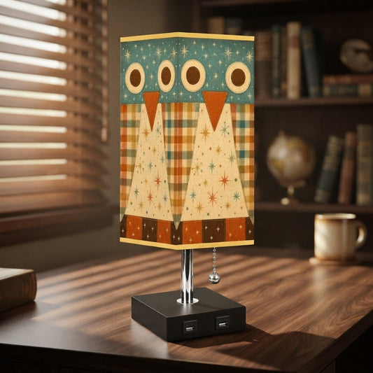 Retro Owl Table Lamp, Linen Shade with Gold Trim and Two USB Ports