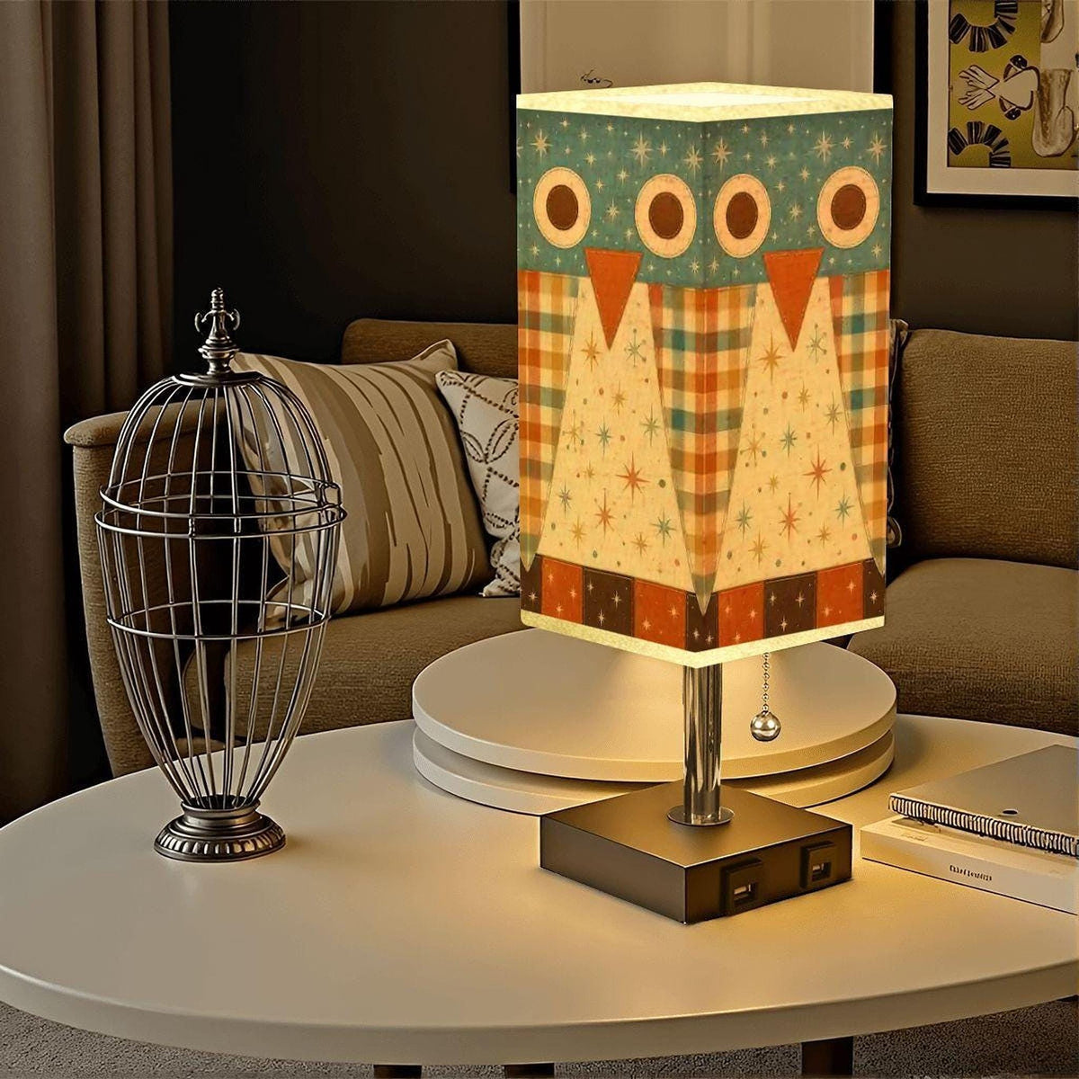Retro Owl Table Lamp, Linen Shade with Gold Trim and Two USB Ports