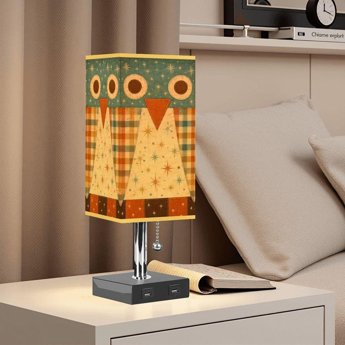 Retro Owl Table Lamp, Linen Shade with Gold Trim and Two USB Ports