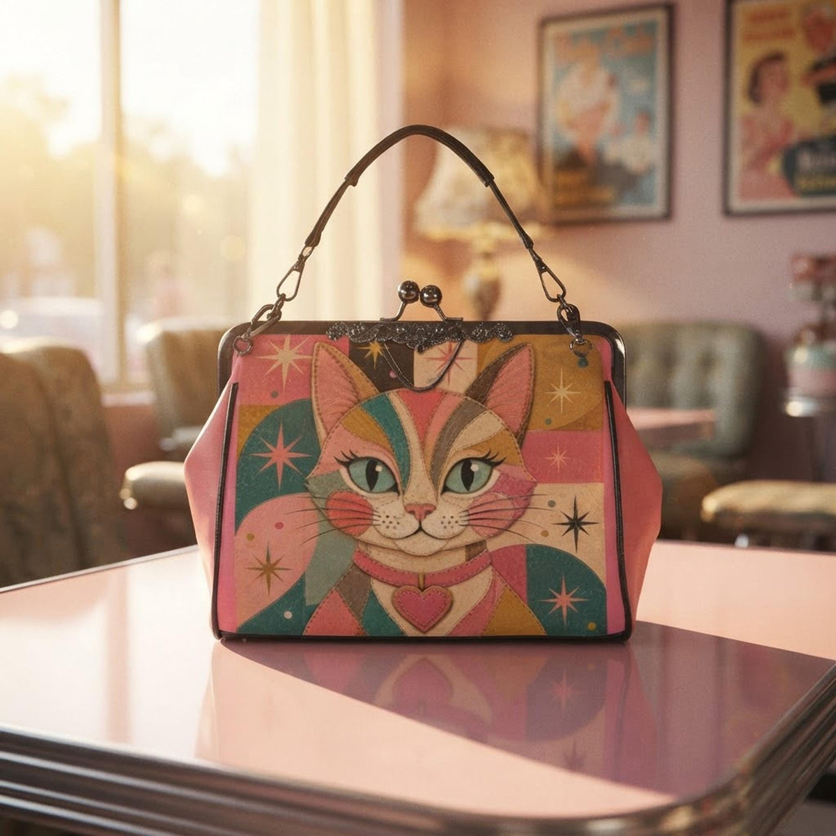 Retro Handbag, Colorful Cat Artwork, PU Leather Kiss-Lock Closure