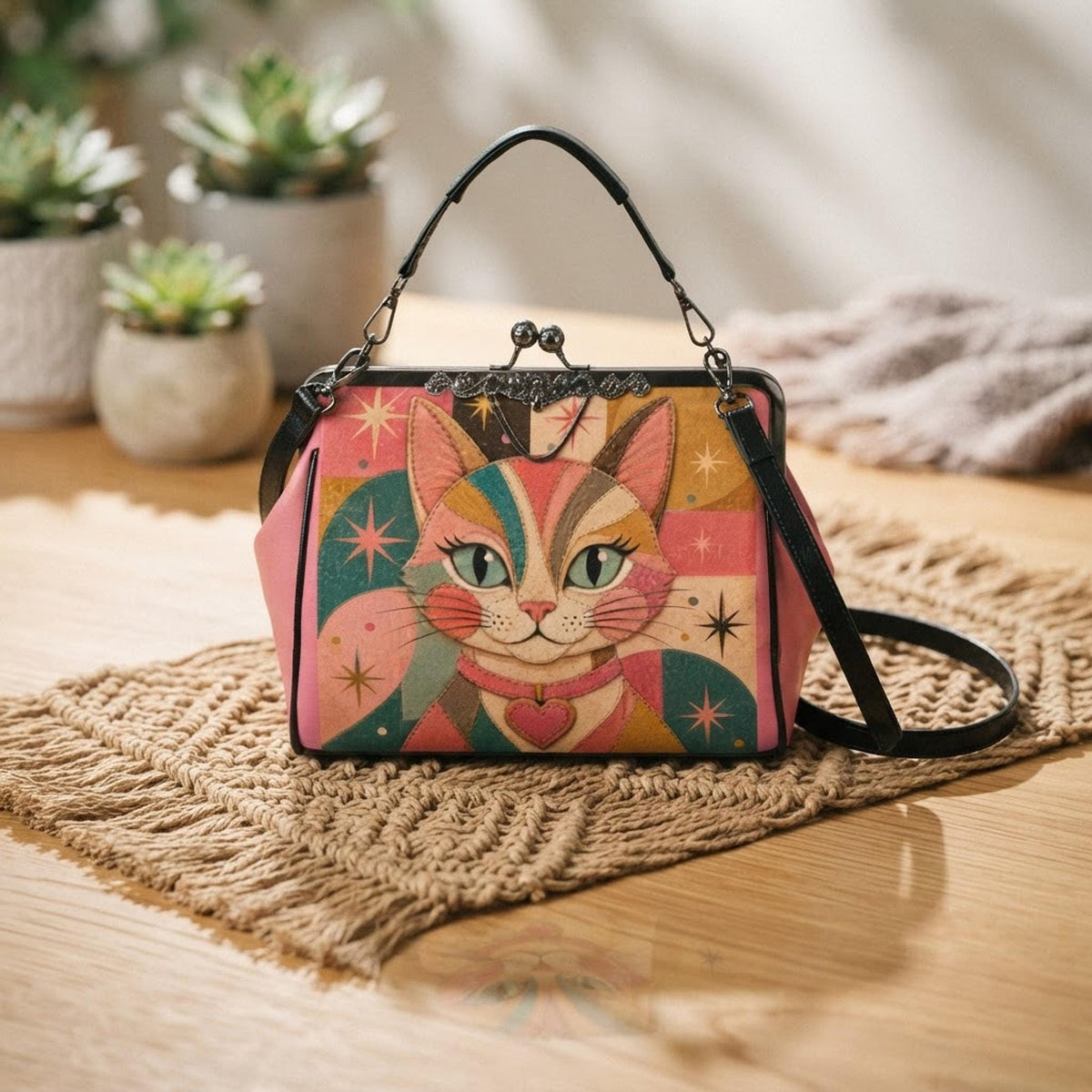 Retro Handbag, Colorful Cat Artwork, PU Leather Kiss-Lock Closure