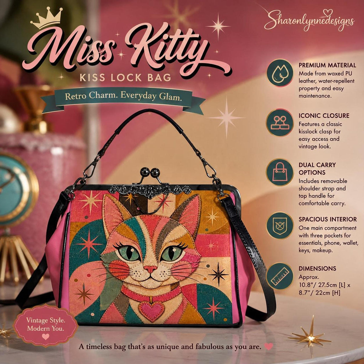Retro Handbag, Colorful Cat Artwork, PU Leather Kiss-Lock Closure