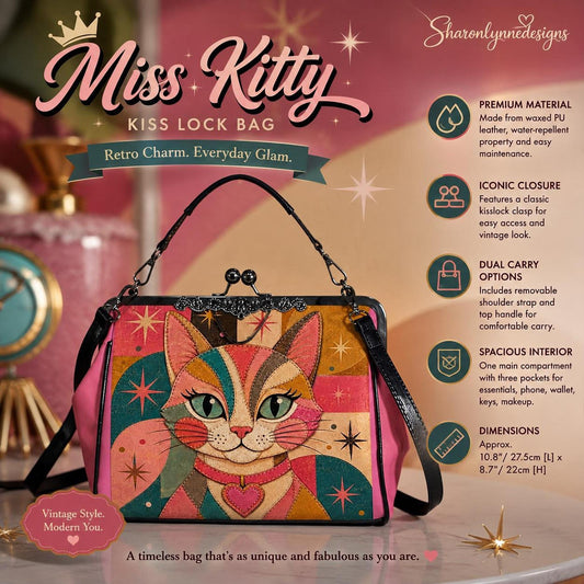 Retro Handbag, Colorful Cat Artwork, PU Leather Kiss-Lock Closure