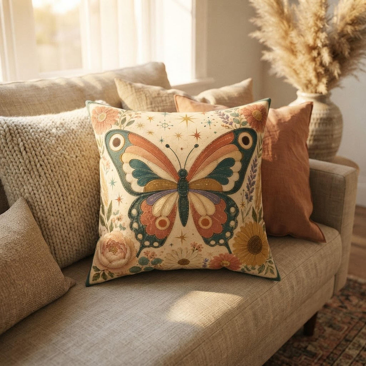 Retro Butterfly Pillow, Faux Suede Square Cover with Double-Sided Floral Print