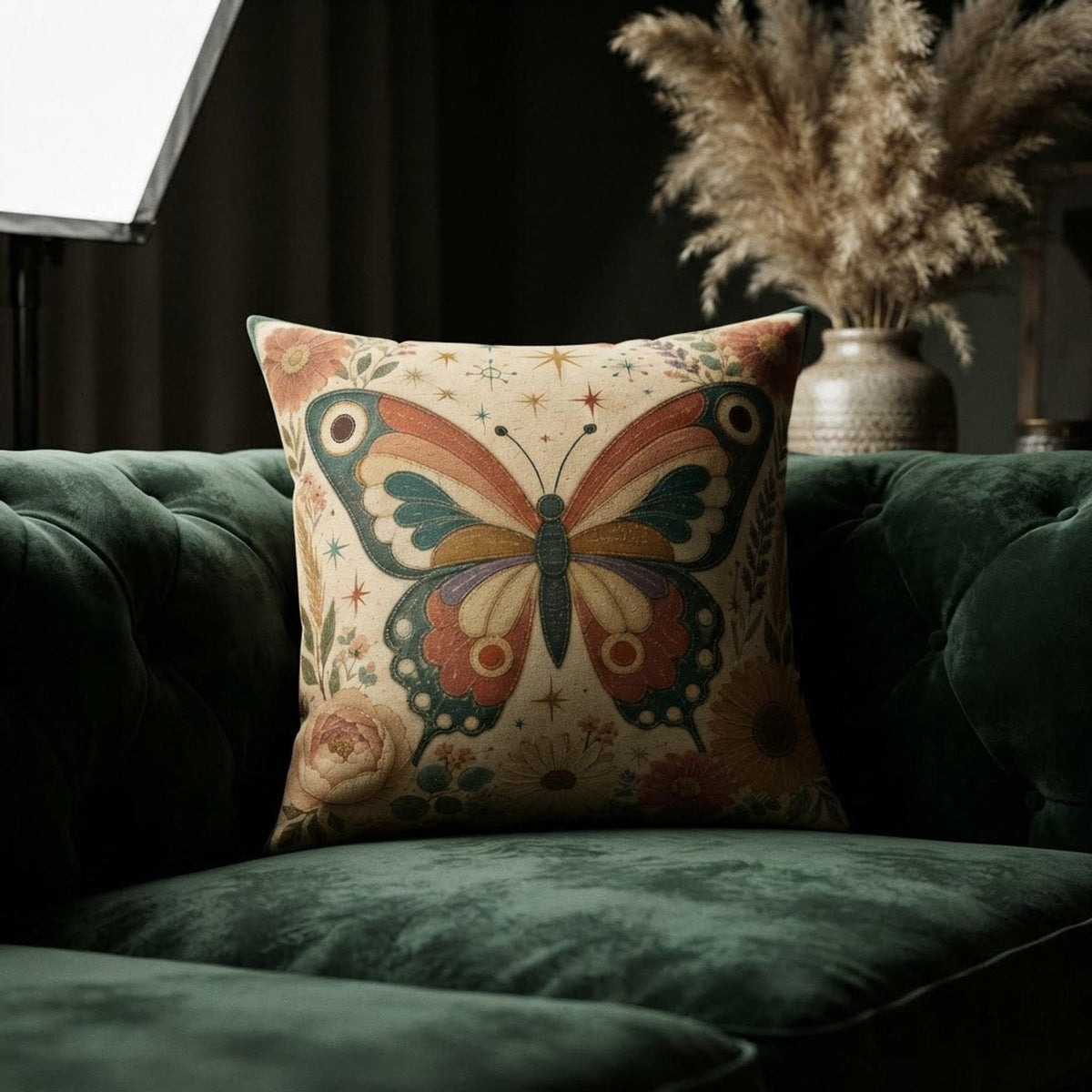 Retro Butterfly Pillow, Faux Suede Square Cover with Double-Sided Floral Print