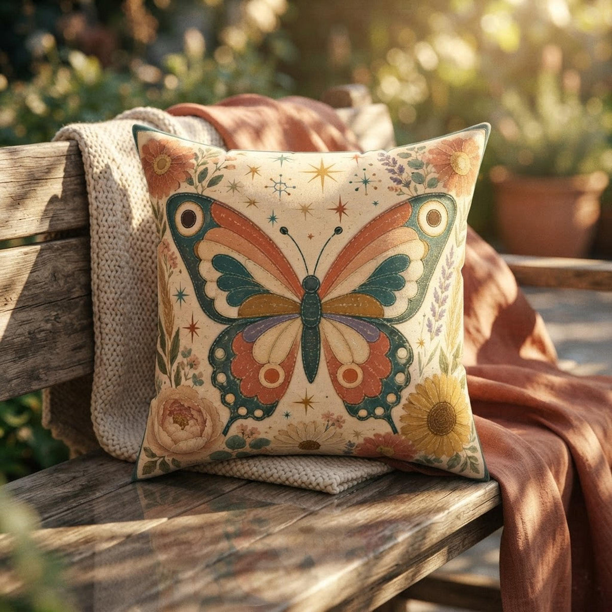 Retro Butterfly Pillow, Faux Suede Square Cover with Double-Sided Floral Print