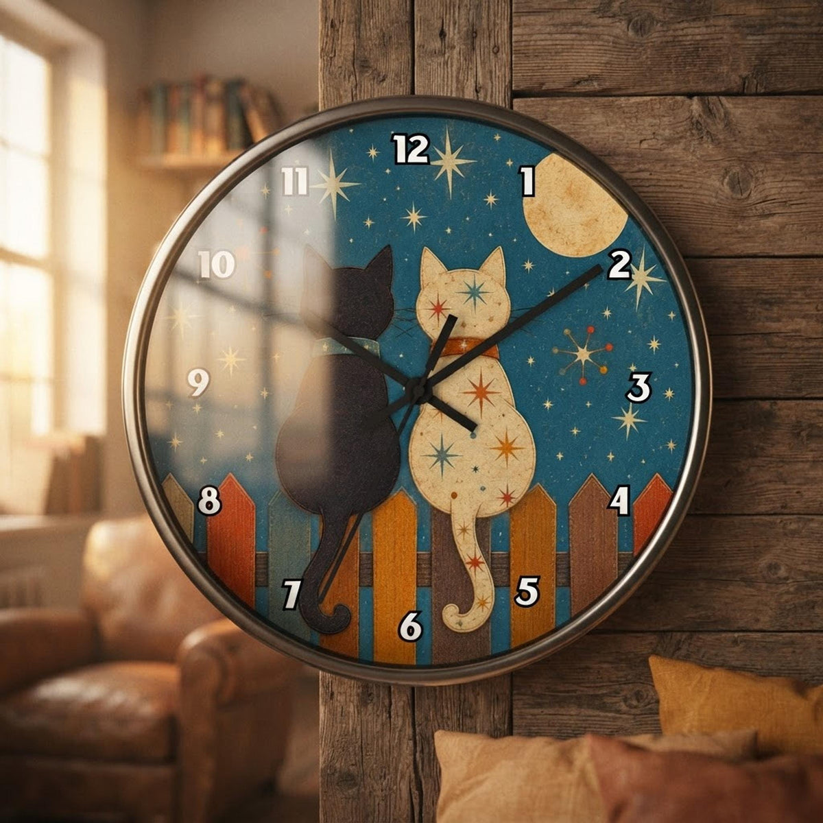 Vintage Clock, Cat Wall Design with Plexiglass Face and Silent Movement