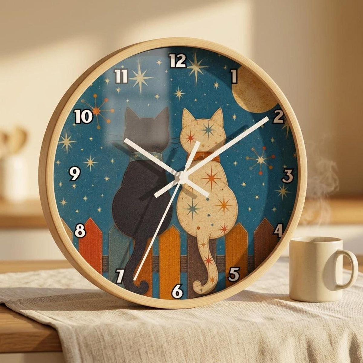 Vintage Clock, Cat Wall Design with Plexiglass Face and Silent Movement