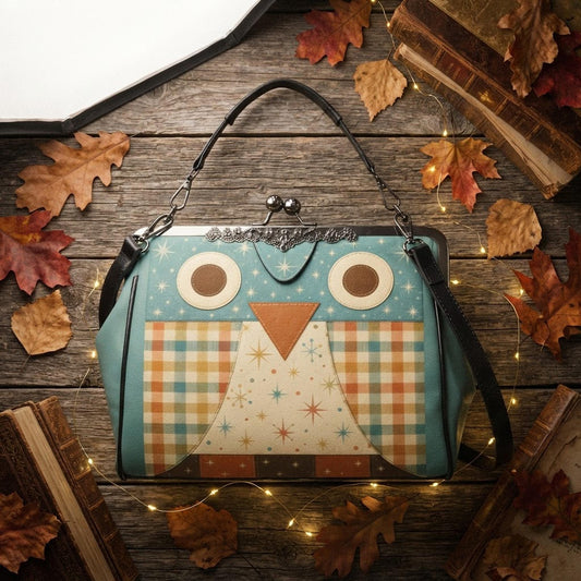 Retro Owl Purse, Waxed PU Leather Kisslock Crossbody with Removable Shoulder Strap