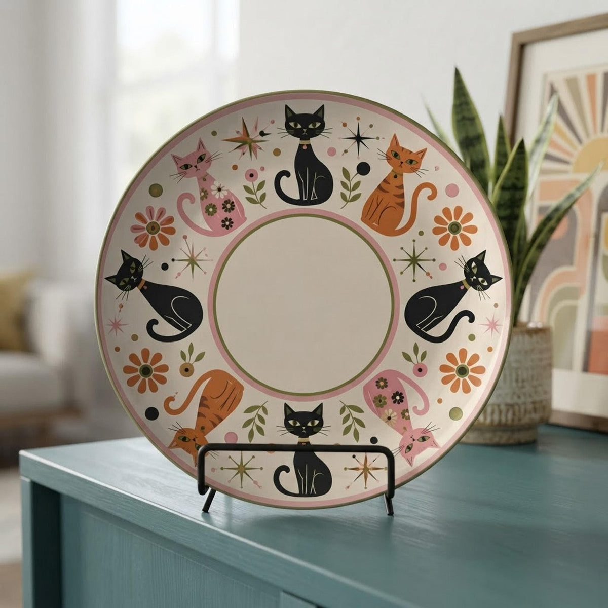 Retro Cat Dinner Plate, 10-Inch Polymer, Microwave And Oven Safe